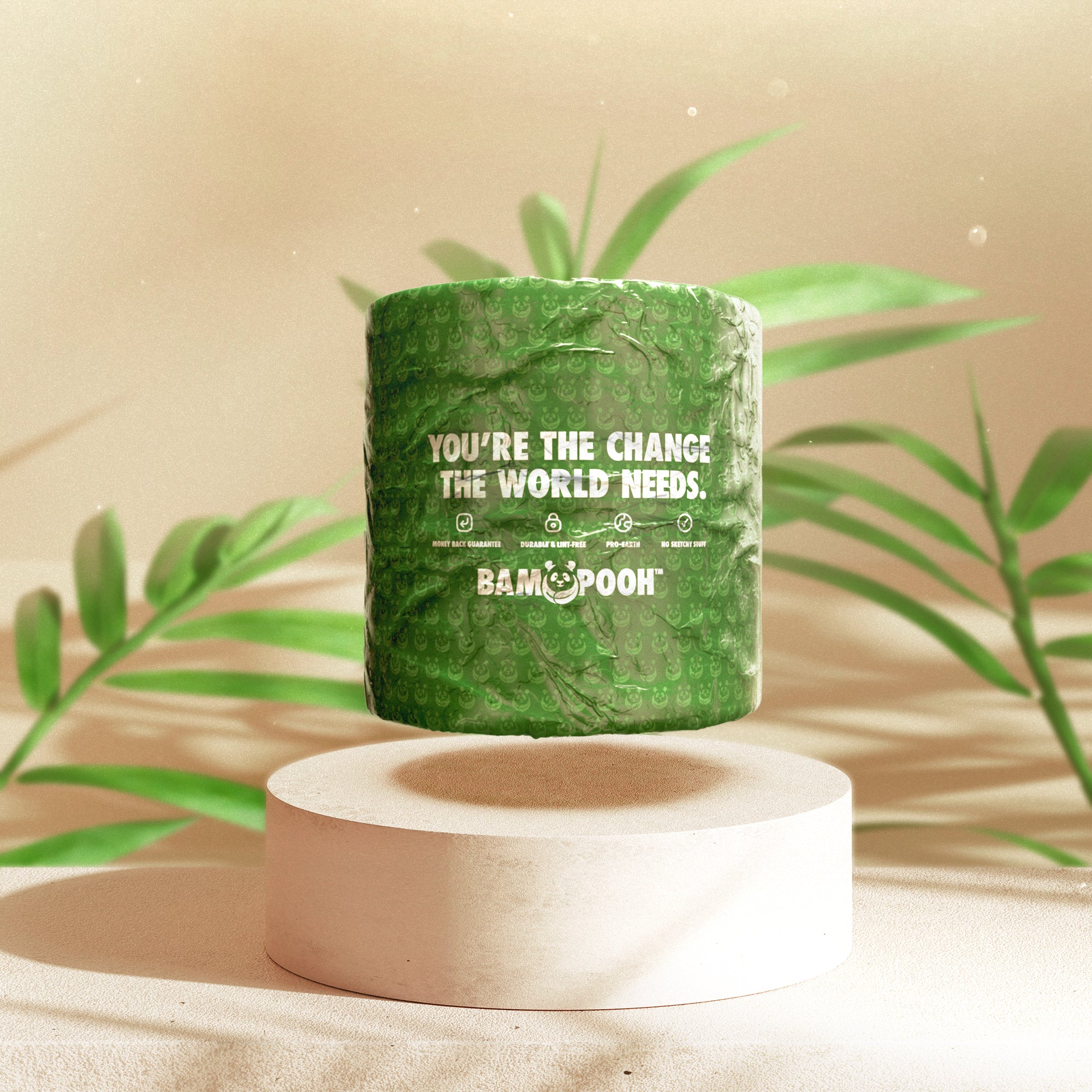 Organic 3-ply bamboo toilet paper roll wrapped in green eco-friendly packaging with leaves background